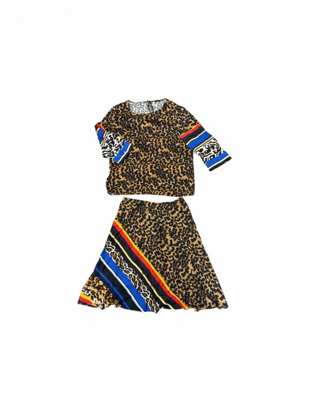 Kobi Halperin Leopard Print Top & Skirt with Red, Blue, Yellow and Black Stripes